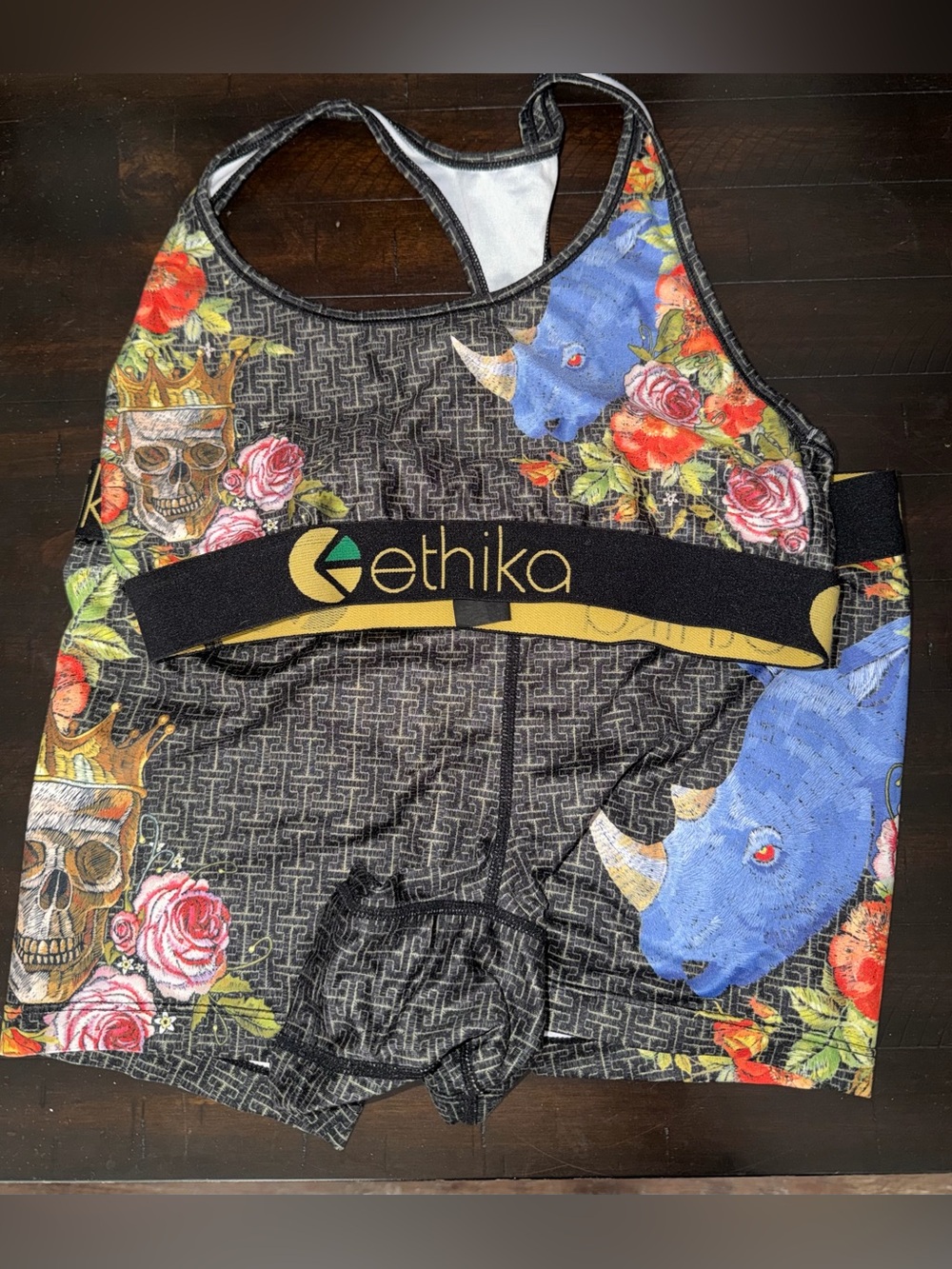 ethika Black Sports Bra with Blue Rhino and Red Floral Accents